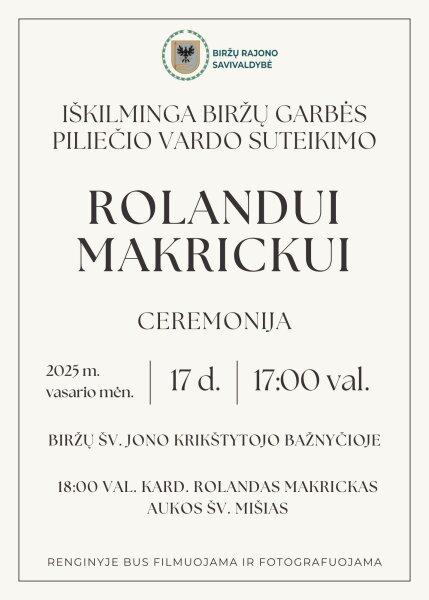Biržų garbės piliečiu taps kardinolas Rolandas Makrickas