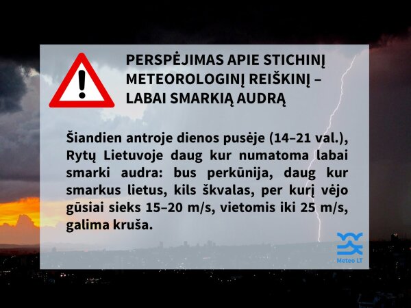 Perspėjimas apie stichinį meteorologinį reiškinį – labai smarkią audrą 